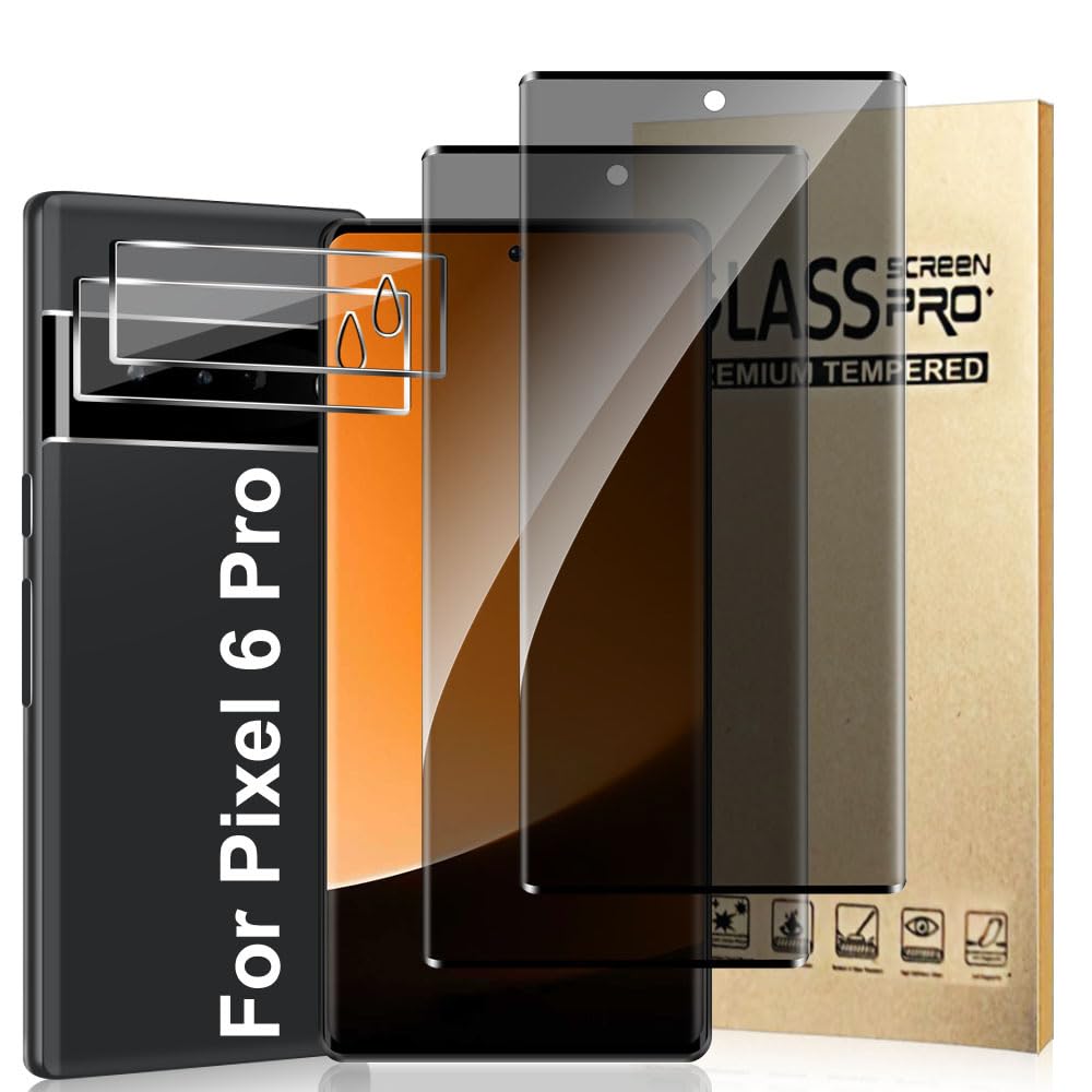 Photo 1 of [2+2 Pack] Pixel 6 Pro Privacy Screen Protector and Camera Lens Protector, 3D Full Coverage, 9H Hardness Anti-Spy Tempered Glass, Easy Installation, Bubble Free, For Google Pixel 6 Pro (6.7 Inch)