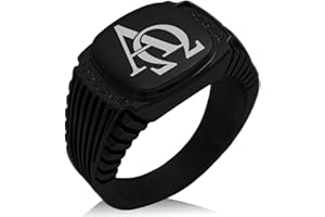 Tioneer Stainless Steel Alpha & Omega Symbol CZ Ribbed Needle Stripe Pattern Biker Style Polished Ring
