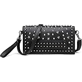 KUANG! Black Dark Punk Style Shoulder Bag Pu Leather Wristlets Clutch Purse Fashion Skull Rivets Handbags