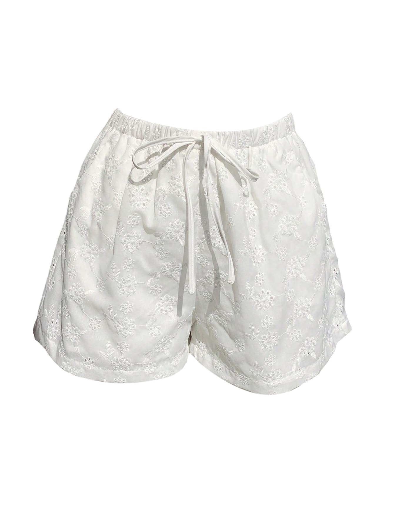 Photo 1 of Floerns Women's Elastic Waist Double Layered Linen Shorts Knot Front Casual Loose Shorts White Eyelet Medium