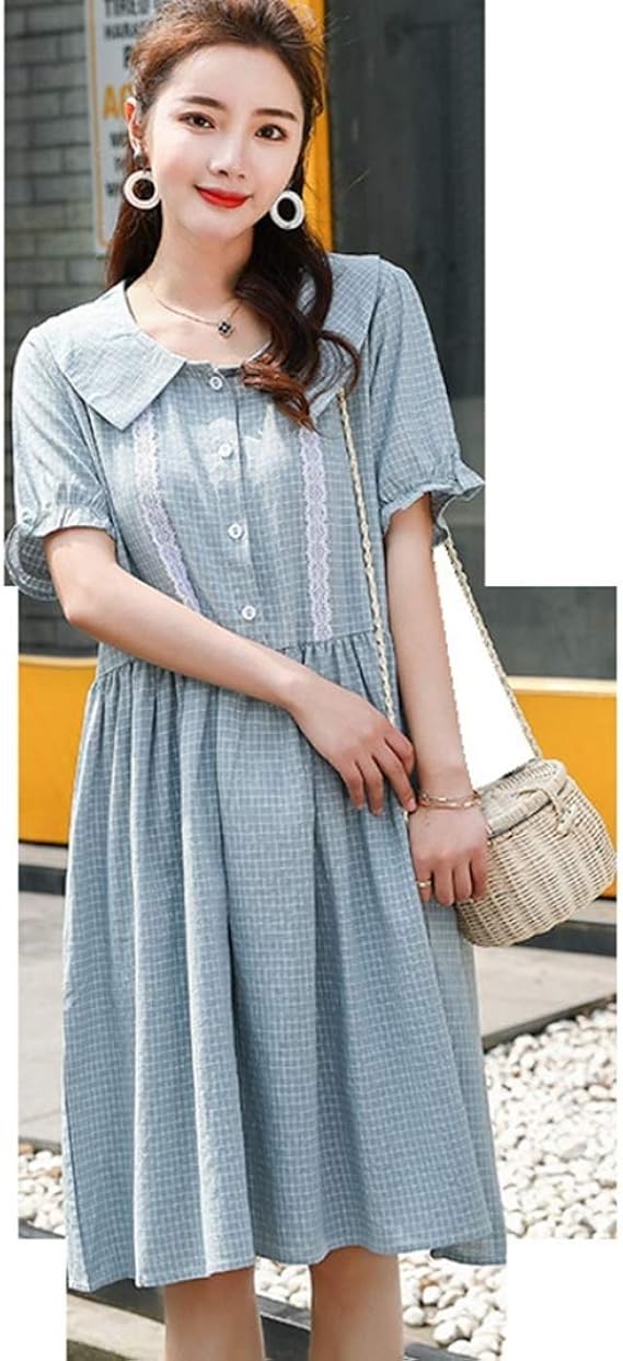 Amazon 夏用 チェック ワンピース レディース チュニック Aライン 膝丈 半袖 襟付き カジュアル コットン 優しい 可愛い 女の子 森ガール ナチュラル ゆったり 着痩せ 大きいサイズ 切替え スカート プリーツ ワンピース チュニック 通販