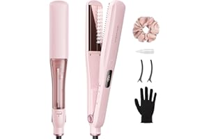Wavytalk Steam Sesh Hair Straightener, Steam Reduces Damage, Nourishes Hair, and Expedites Straightening, 1.38'' Nano Titanium Flat Iron with Detachable Comb for Silk Press Smoothing & Blowout, Pink
