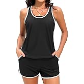 Talisea 3 Piece Tankini with Shorts - Modest Swimsuit Tummy Control Bathing Suits Athletic Sports Swimwear with Pockets