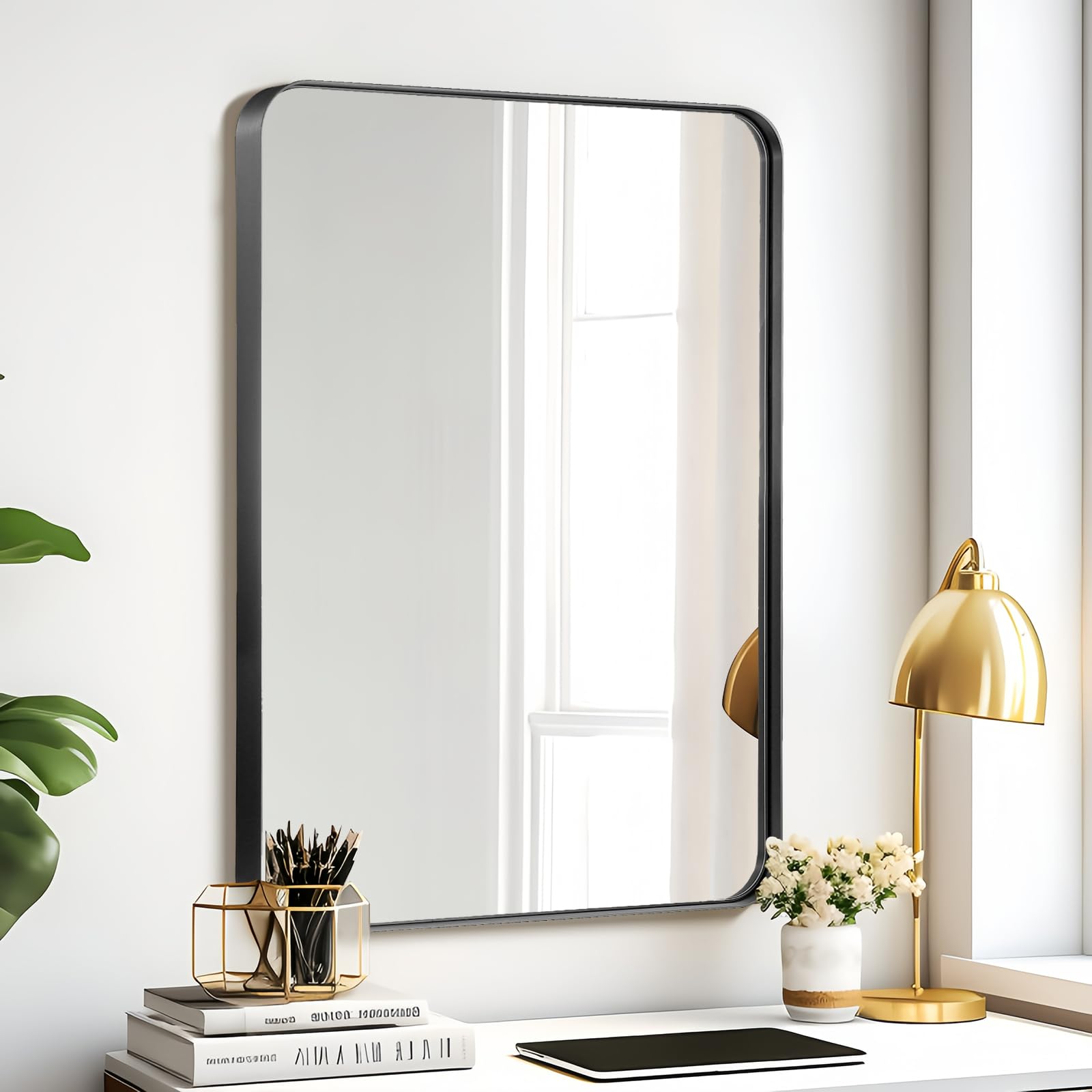 Photo 1 of CLBA Brushed Matte Black Mirror 22x30 inch, Black Deep Frame Bathroom Mirror for Wall, Rounded Rectangle Mirror for Vanity, Tempered Glass, Anti-Rust, Hangs Horizontally or Vertically
