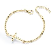 mnmoom Sideways Cross Bracelet for Women, 14K Gold Plated Adjustable Rolo Chain, Religious Faith Jewelry Gift for Baptism Confirmation
