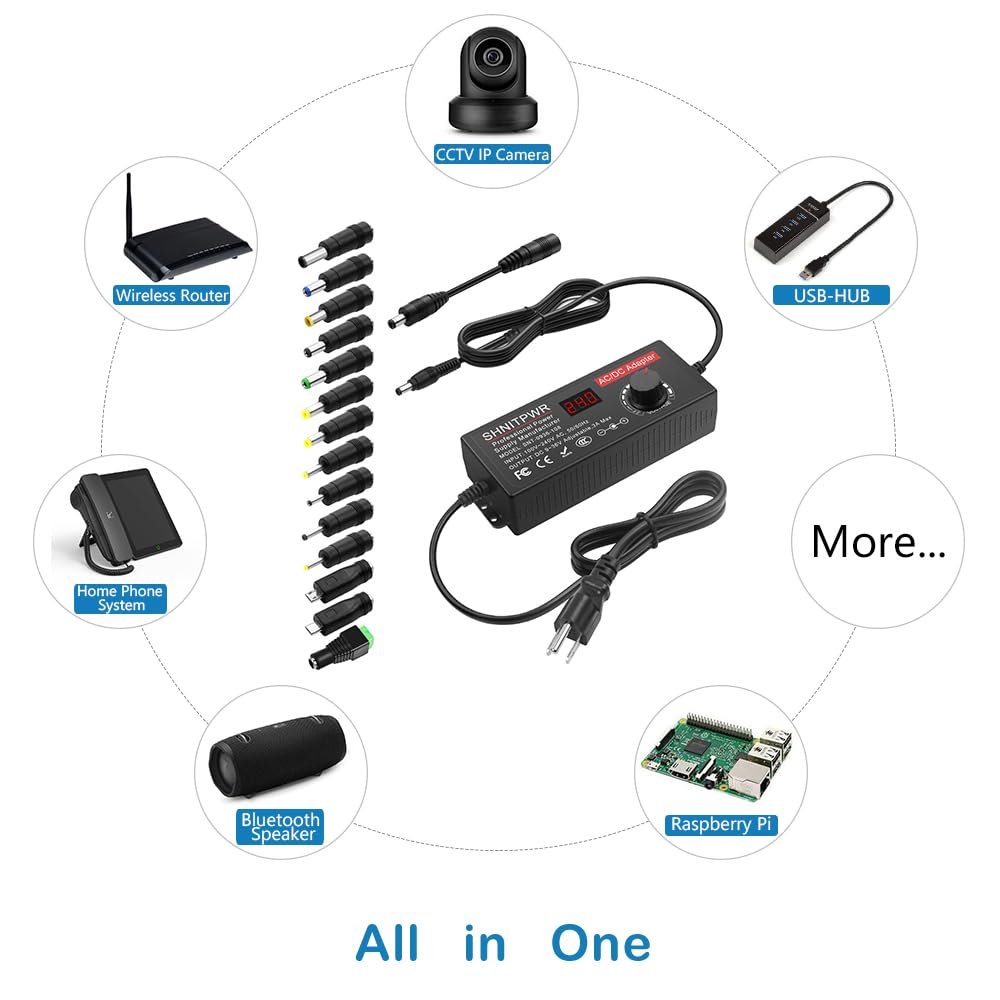 SHNITPWR Universal Power Supply Adjustable DC 24V 12V 9V 14V 19V 30V 36V AC Adapter Multi-Voltage 9V ~ 36V 3A 108W Power Adapter 100V~240V AC to DC Variable Power Converter 14 Tips 5.5x2.5mm