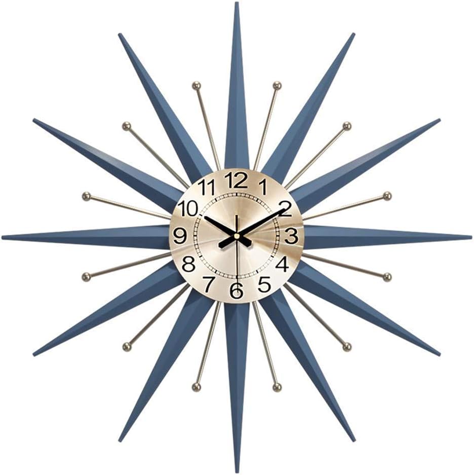 Large Blue Starburst Clock,Modern Round Metal Wall Clock,Quartz