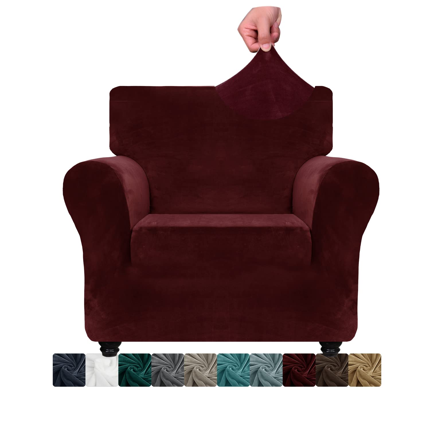 CHELZEN Velvet Chair Covers for Armchairs 1 Seater Thick Stretch Couch Covers for Dogs Pets Non-Slip Chair Slipcover with Arms Furniture Protector for Living Room (1 Seater, Wine Red)