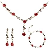 3 Pcs Red Rose Jewelry Set, Rose Flower Pendant Necklace, Dangle Earrings, Bracelet, Alloy Red Jewelry Sets for Women Wedding Party Gift