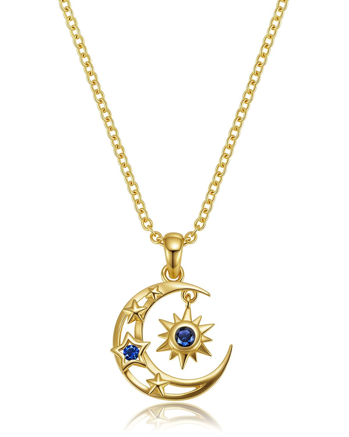 Moon Star Sun Sapphire Necklace for Women: 14K Gold Plated Blue Gemstone Crescent Tarot Zirconia Pendant Celestial Necklace Trendy Dainty Witchy Jewelry Anniversary Birthday Gifts Her Wife Daughter