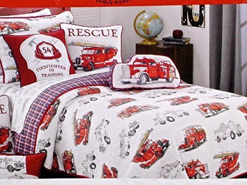 Red Fire Engines Fire Trucks 3 Piece Full Queen Quilt and Shams Set