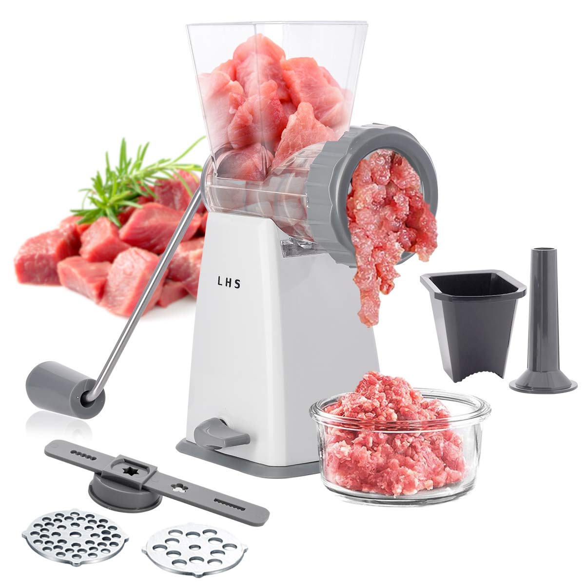 Manual Meat Grinder with Stainless Steel Blades Heavy Duty Powerful Suction Base for Home Use Fast and Effortless for All Meats-Gray