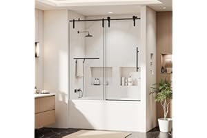 Lyngins 56-60" W x 66" H Frameless Single Sliding Tub Shower Door, Matte Black - 5/16" (8mm) SGCC Tempered Glass, Glass Bathtub Shower Doors with Towel Rail & Auxiliary Handle, Easy DIY Install
