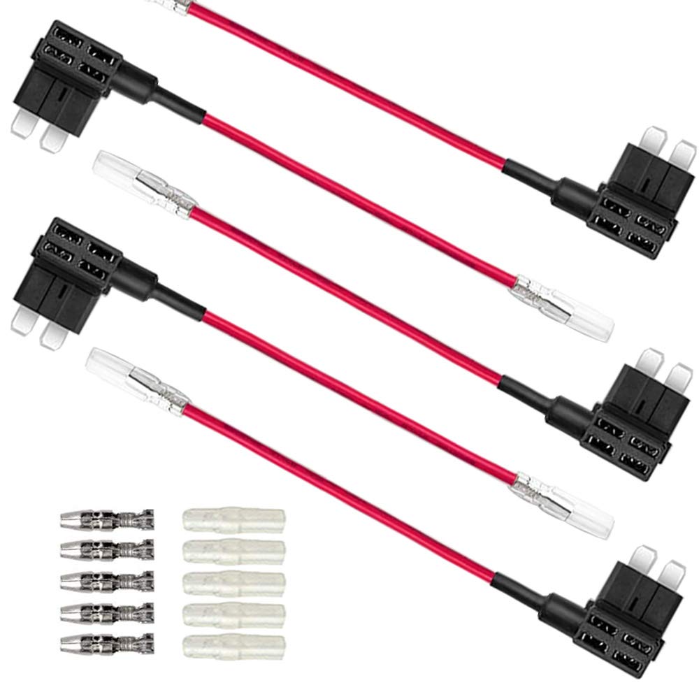 Aiqeer 5 Pieces 12V / 24V Medium Add-a-Circuit Fuse Taps, Car Piggy Back Fuse Holder with Wire Harness, Free 15 Pieces Standard Blade Fuses and Fuse Puller (Butt Terminal)
