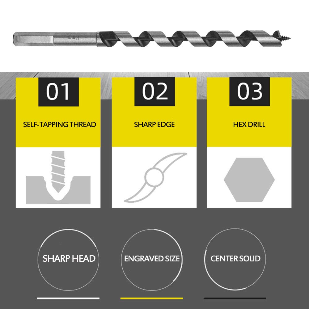 MEEQIAO 5 Pcs High Carbon Steel Drill Bits, 230mm Long, Hexagonal Auger Bit Set 6-14mm for Wood Block Brick Tile, and Plastic - Image 3