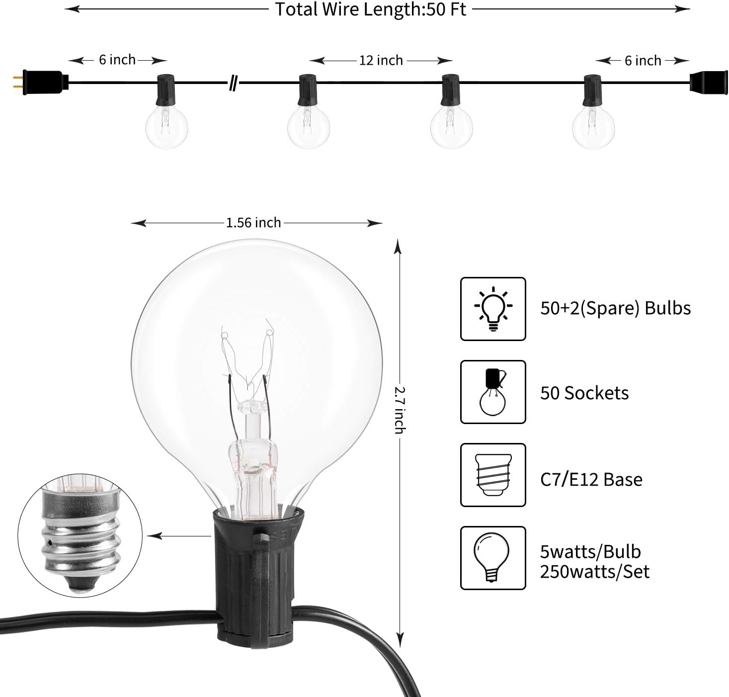 Brightown 50Ft G40 Outdoor Patio String Light-Connectable Globe Lights with 52 Clear Bulbs(2 Spare), UL Listed Backyard Lights for Indoor Commercial Decor, 50 Hanging Sockets, E12 Base, 5W Bulb, Black - - 