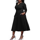 Nmoder Women's Plus Size Stretchy Flared Wrap Dress Casual Wedding Guest Midi Dresses V Neck 3/4 Sleeve A-Line Swing Dress