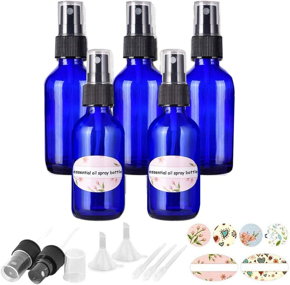 5Pcs 30ml blue glass spray bottles for essential oils with Black Atomiser Spray Perfect for Aromatherapy, Perfumes, Essential Oils, Aftershaves, and More