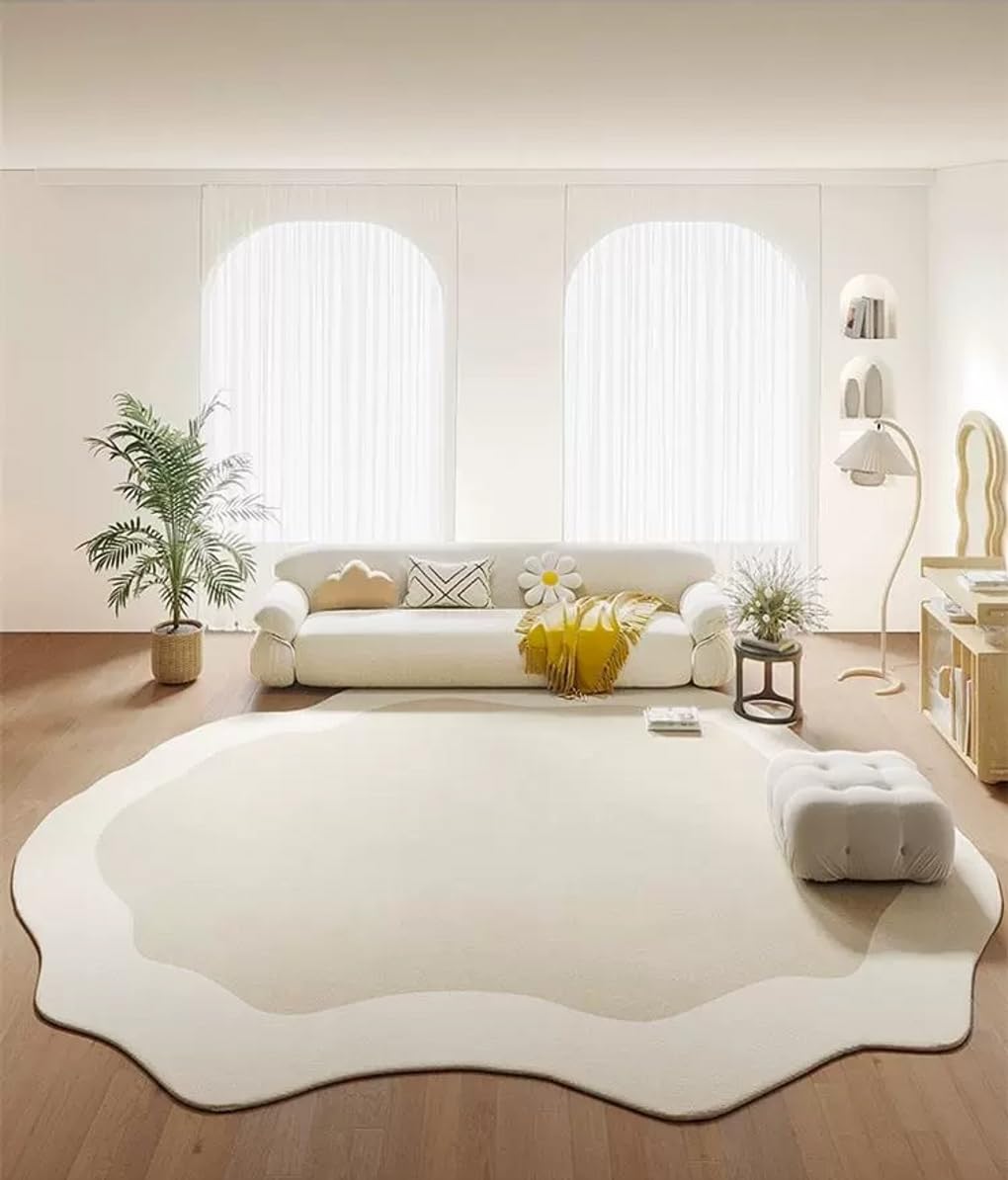 Photo 1 of Minimalist Cream Beige Irregular Area Rug 5x8 Modern Abstract Shaped Rugs for Living Room Guestroom Meetingroom Unique Designer Low Pile Washable Carpet Funky Boho Bedroom Home Office Anti Slip Mats