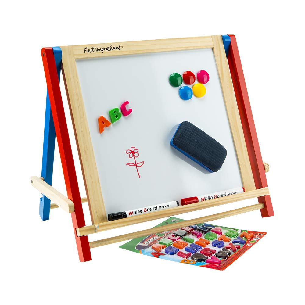 First Impressions Children's Wooden Tabletop Travel Art Easel with Magnetic Chalkboard Magnetic Whiteboard, Includes Marker, Chalk and Letter Magnets Accessory Pack