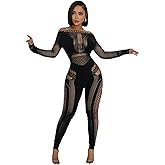 KIZOIEJE Women's Sexy See Through Long Sleeve Hollow Out Bodycon Stretchable Mesh Jumpsuit