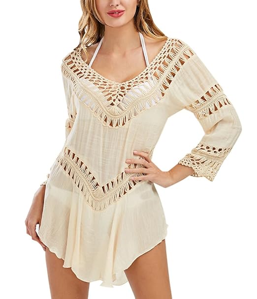 Gladiolus Damen Strandponcho Bademode Strand Tunika Kleid Bikini Cover Up Häkeln Hohl Langarm Bluse