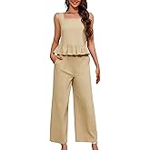 Flightbird Women's Summer 2 Piece Outfits Crop Tank Top Wide Leg Pants Loose Tracksuits with Pockets Size L