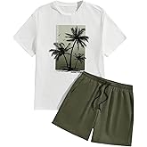 BEAUDRM Men's 2 Piece Big and Tall Vacation Set Plus Size Tropical Graphic Short Sleeve T-Shirt and Drawstring Waist Shorts
