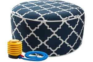 IN4 Care Outdoor/Indoor Inflatable Ottoman Pouf D20 xH9, All Weather Round Footstool with Foot Pump, Water Repellent Portable Footrest with Handle for Patio Garden Camping Travel-Blue Geometry