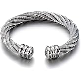 COOLSTEELANDBEYOND Large Elastic Adjustable Steel Twisted Wire Cuff Bangle Bracelet for Men Women