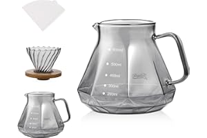 Bincoo Pour Over Coffee Maker Set - Borosilicate Glass Dripper with Walnut Handle & Glass Lid, 50 pcs V60 Paper Filters Included - 600ml Pour Over Coffee Dripper for Home, Café, & Camping (Dark Gray)