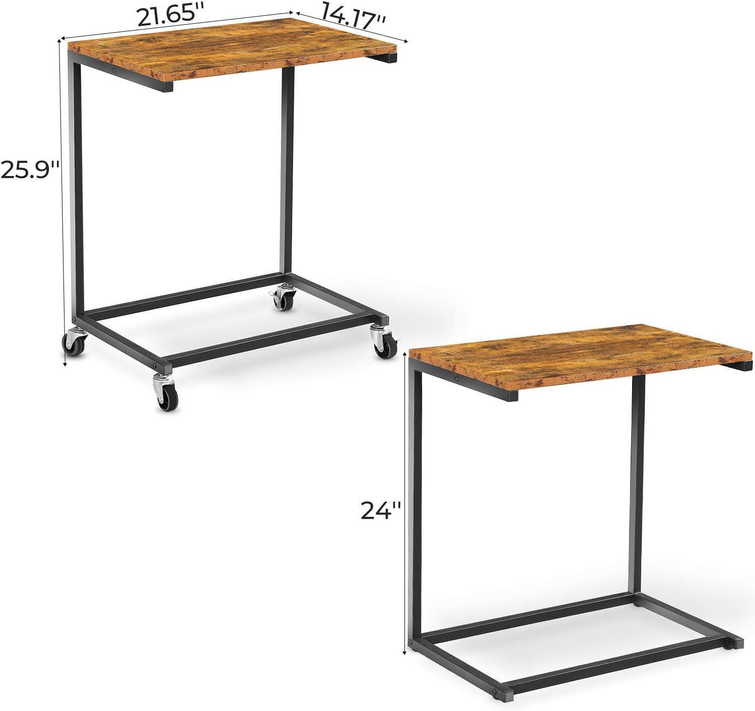 Ohuhu C Shaped Side End Table, Mobile Laptop Table with Optional Adjustable Feet and Casters for Coffee Snack Tablet, Slides Next to Sofa Couch Bed, Vintage Look with Metal Frame, Dark Walnut: Kitchen & Dining