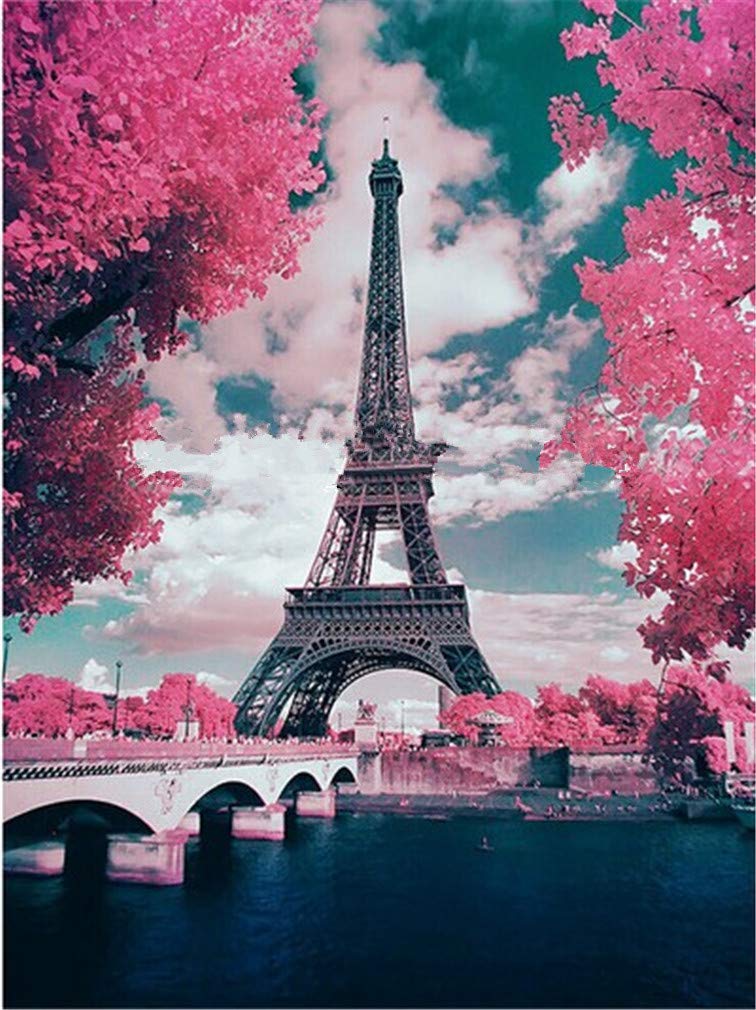 YEESAM ART Paint by Numbers for Adults Beginners Paris Eiffel Tower Romantic Cherry 16x20 inch Linen Canvas Acrylic DIY Number Painting Kits Wall Art Decor Gifts (Framed)