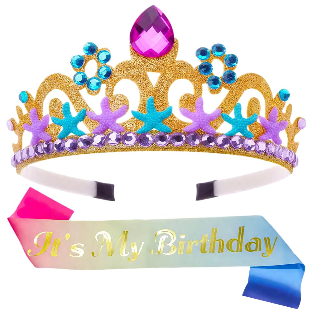 Mermaid Crown With It's My Birthday Sash For Kids,Mermaid Princess Glitter Headbands Tiara Dress Up Set For Mermaids Party Decorations Halloween Costume Accessories