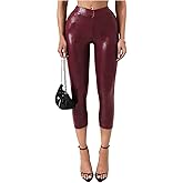 WDIRARA Women's Faux Leather Capri Pants Crossover Elastic Waist Skinny Leggings