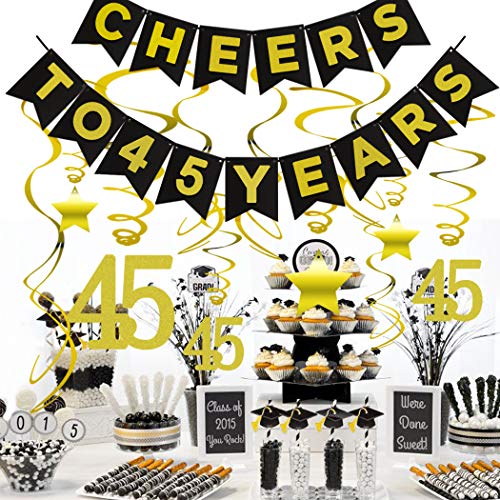 45th BIRTHDAY PARTY DECORATIONS KIT - Cheers to 45 Years Banner, Sparkling Celebration 45 Hanging Swirls, Perfect 45 Years Old Party Supplies 45th Anniversary Decorations