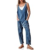 PLNOTME Women's Denim Overall Jumpsuits Sleeveless V Neck Adjustable Straps Jeans Long Pants Rompers