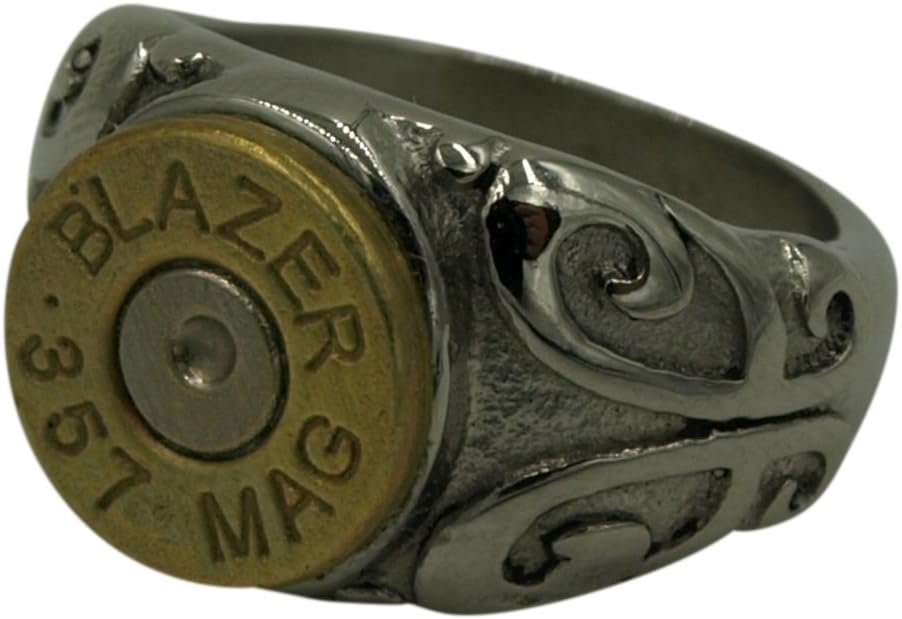 Stainless Steel Scroll Design 357 Bullet Ring. With or Without Swarovski Crystals