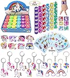 Klmars AB-112 Unicorn Theme Party Favor for Kids-96Pcs Tatoo-24Pcs Stamper-27 Pcs Rings Necklace Keychain-Birthday Party Supplies, Colorful