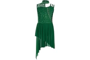 JIZYO Kids Girls Sleeveless Lyrical Dance Costume High Low Skirt Skating Leotard Lace Rhinestone Dance Dress