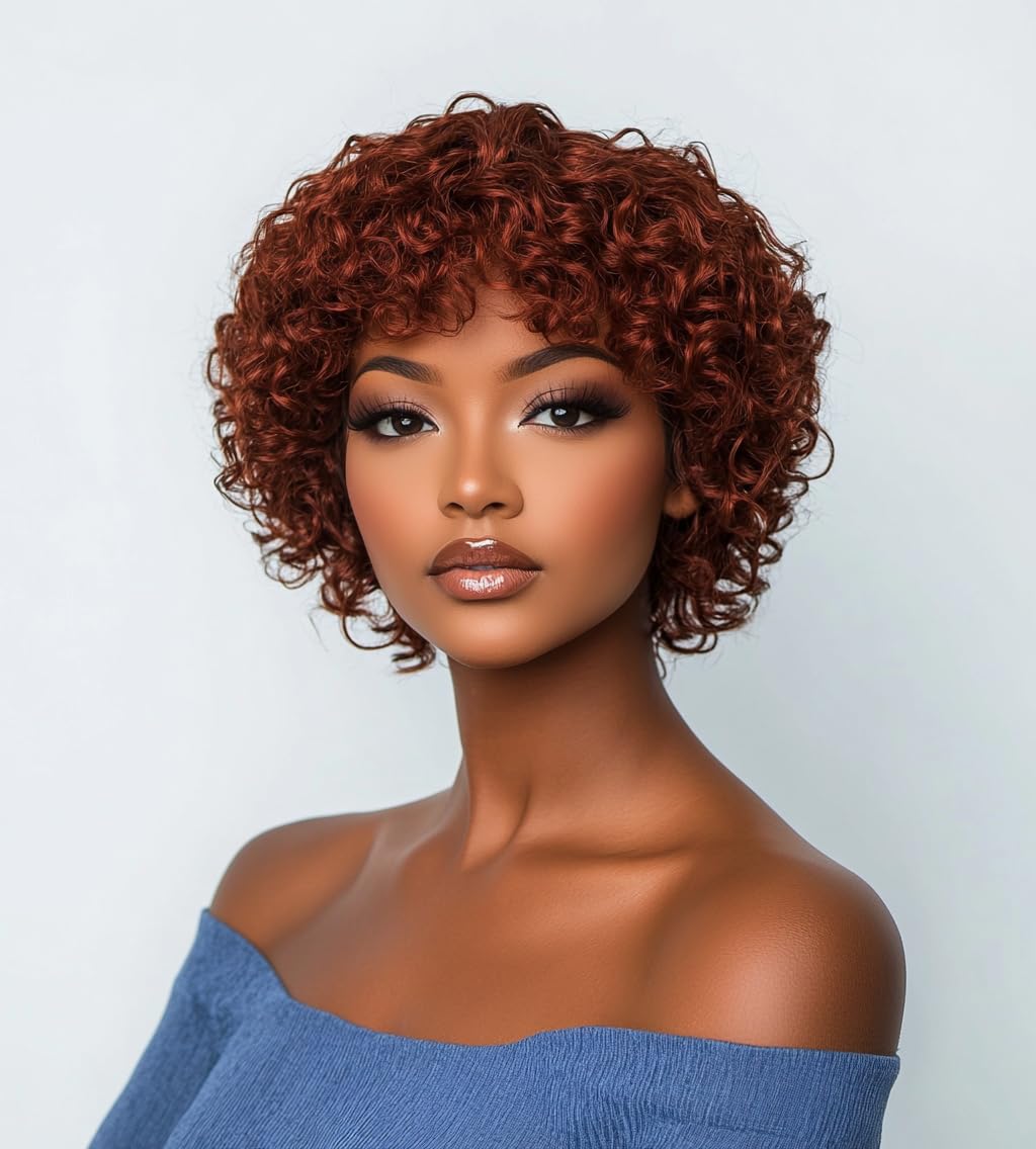 DÉBUT Short Curly Wig 100% Human Hair Wigs For Women Bright Reddish Brown Afro Curly Wig with Bangs Pixie Cut Wig Brazilian Remy Hair (8 inches, 33A)