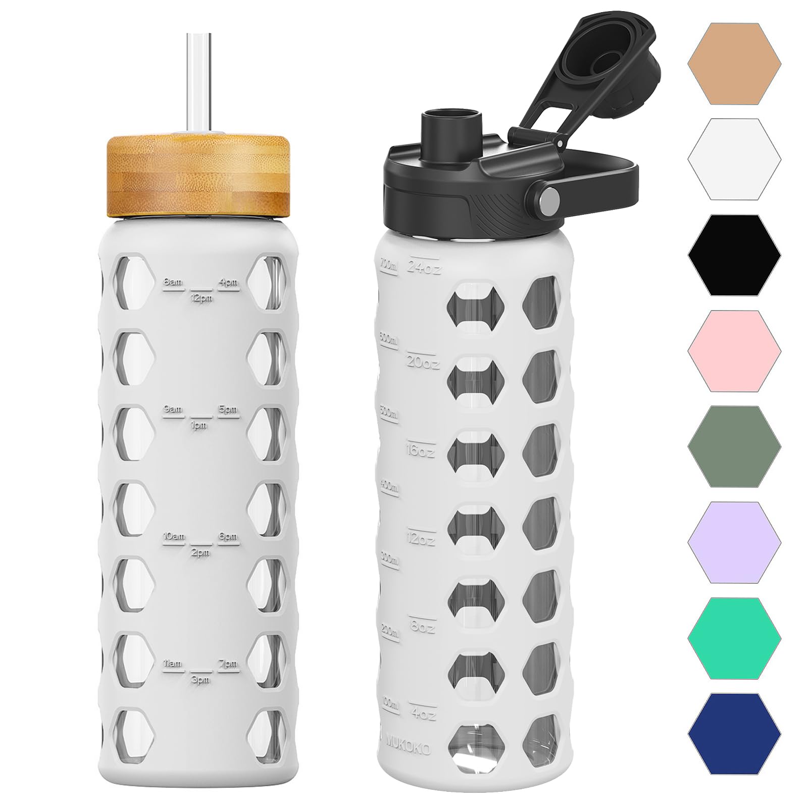 HYDRAGLAZIC 700ML Glass Water Bottle with 2 Flip and Bamboo Straw Lids Sports Water Tumbler with Time Reminder and Silicone Sleeve Leak-proof BPA Free, White