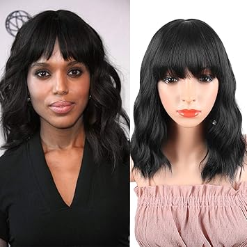 Synthetic Curly Bob Wig With Bangs For Black Women Amazon In