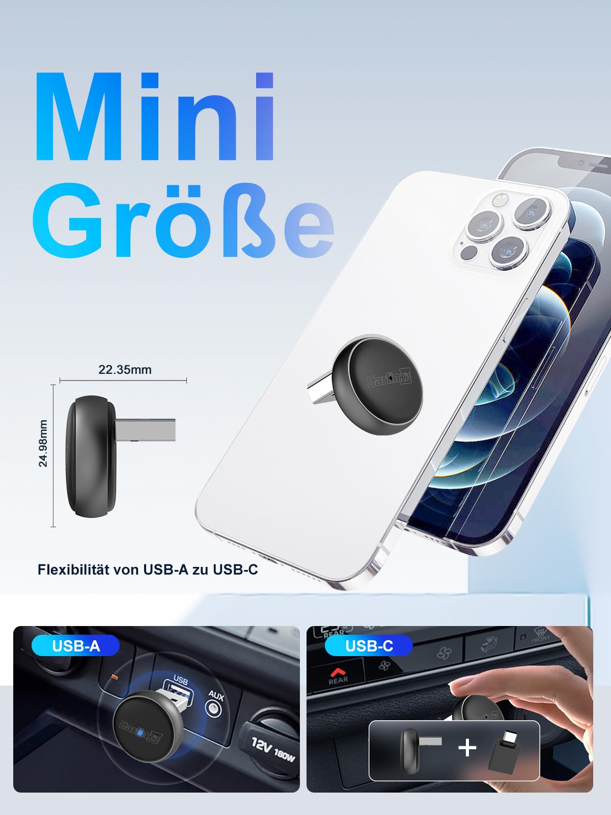Carlinkit Mini Ultra Wireless CarPlay & Android Auto Adapter, Konvertieren Sie werkseitig kabelgebunden auf Wireless, USB-A/USB-C Schnelle Verbindung für iOS 10+ & Android 11+, Plug & Play Car Play 6