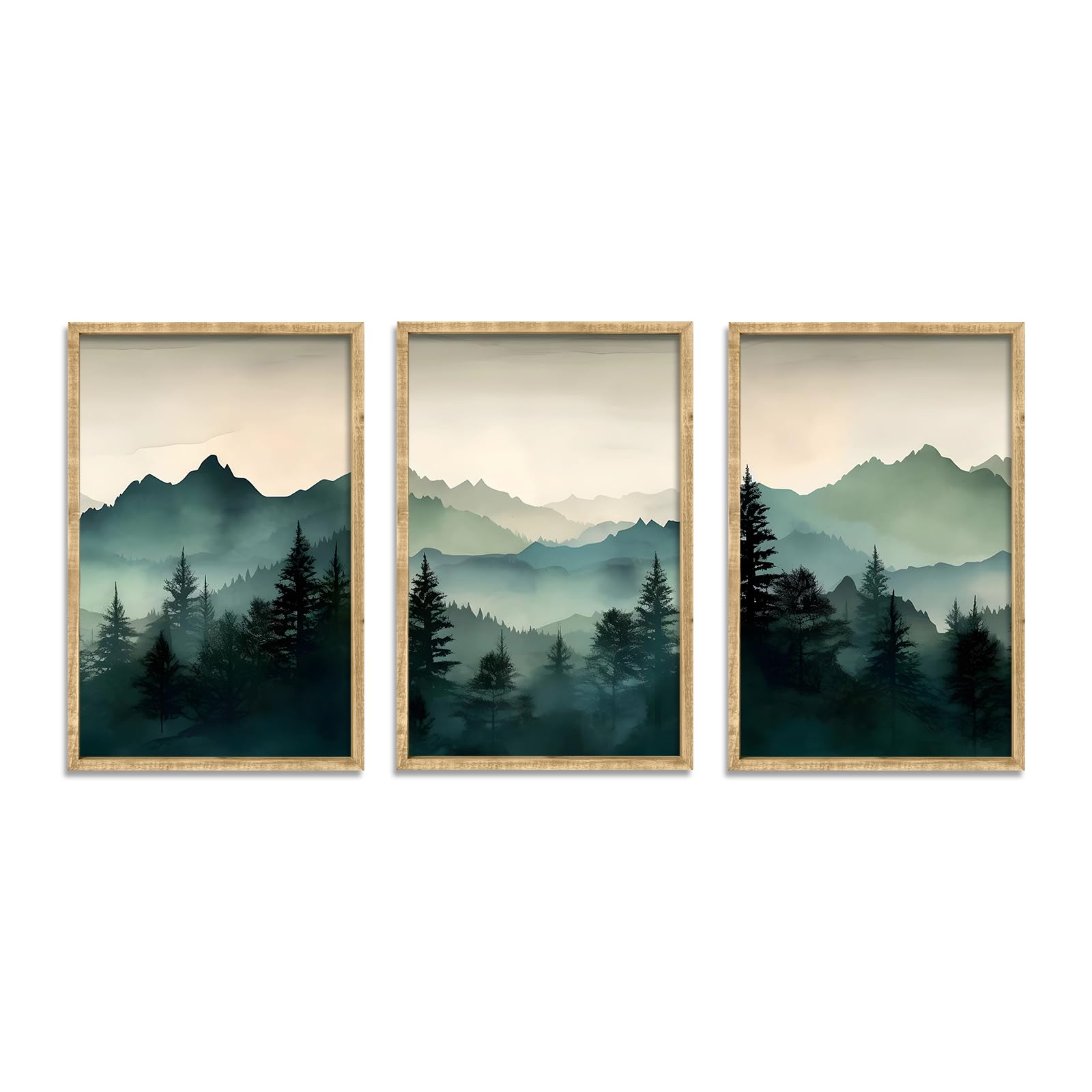 Photo 1 of ZZJJHYWGQ Mountain Wall Art 16''×11'' Set of 3 Green Forest Nature Landscape Wood Framed Sign Pine Tree Pictures For Bedroom Painting Family Wall Hang Decor (Wood)