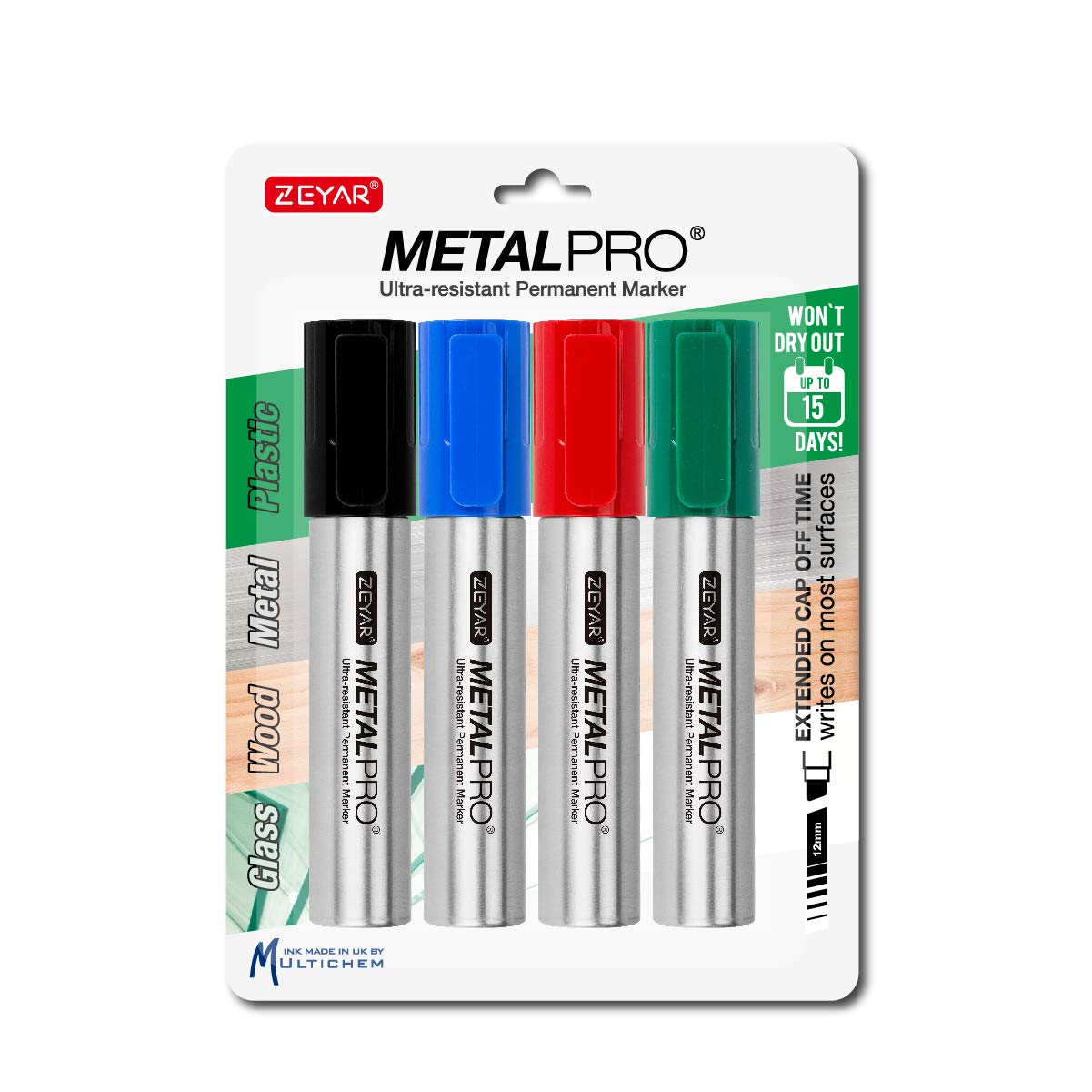 ZEYAR Permanent Markers, JUMBO Size, Aluminum Barrel, Set of 4, Waterproof & Smear Proof Markers, Writes on most surfaces (Black, Blue, Red, Green)