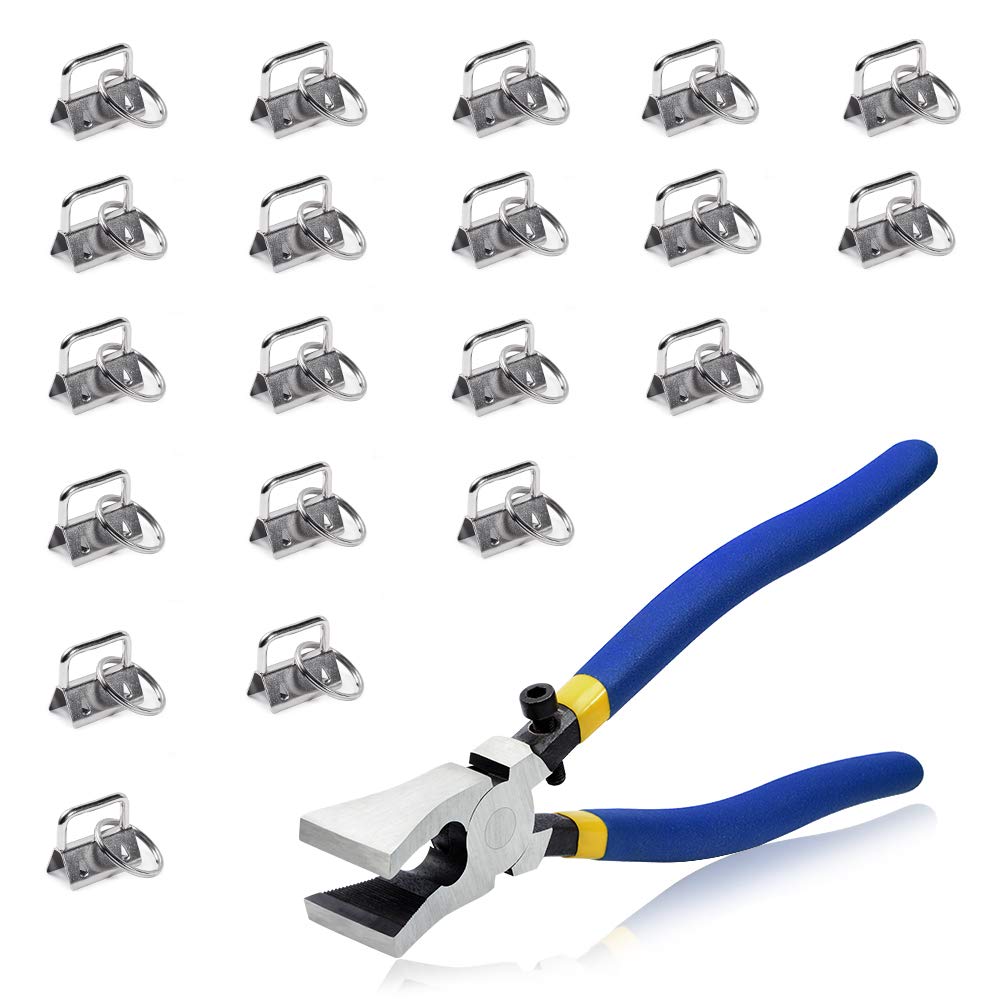 SPEEDWOX 20 Sets Key Chain Fob Hardware Set with Split Rings Key Fob Pliers Glass Breaking Pliers Tools for 1 Inch Webbing Fabric Strapping Wristlet Key Fob White Nickel