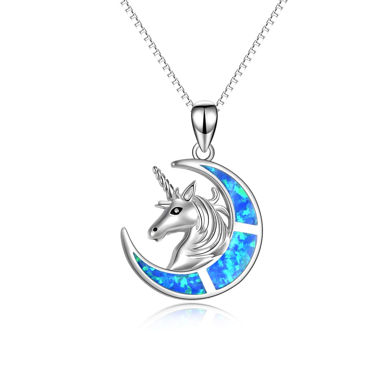 YFN Unicorn Necklace Created Opal Pendant Jewellery 925 Sterling Silver Unicorn Gift for Women Girls (Blue)
