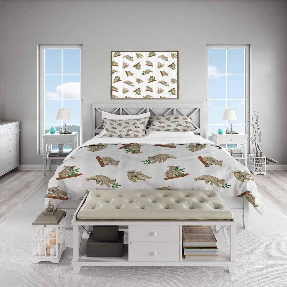 Duvet Cover Set King Size Animal Decor Koala Pattern Design Mammals of the Nature Nursery Decor Australian Animals Baby Themed Grey White Cover Sets 3 Pieces (1Duvet Cover + 2Pillow Shams) 104x90