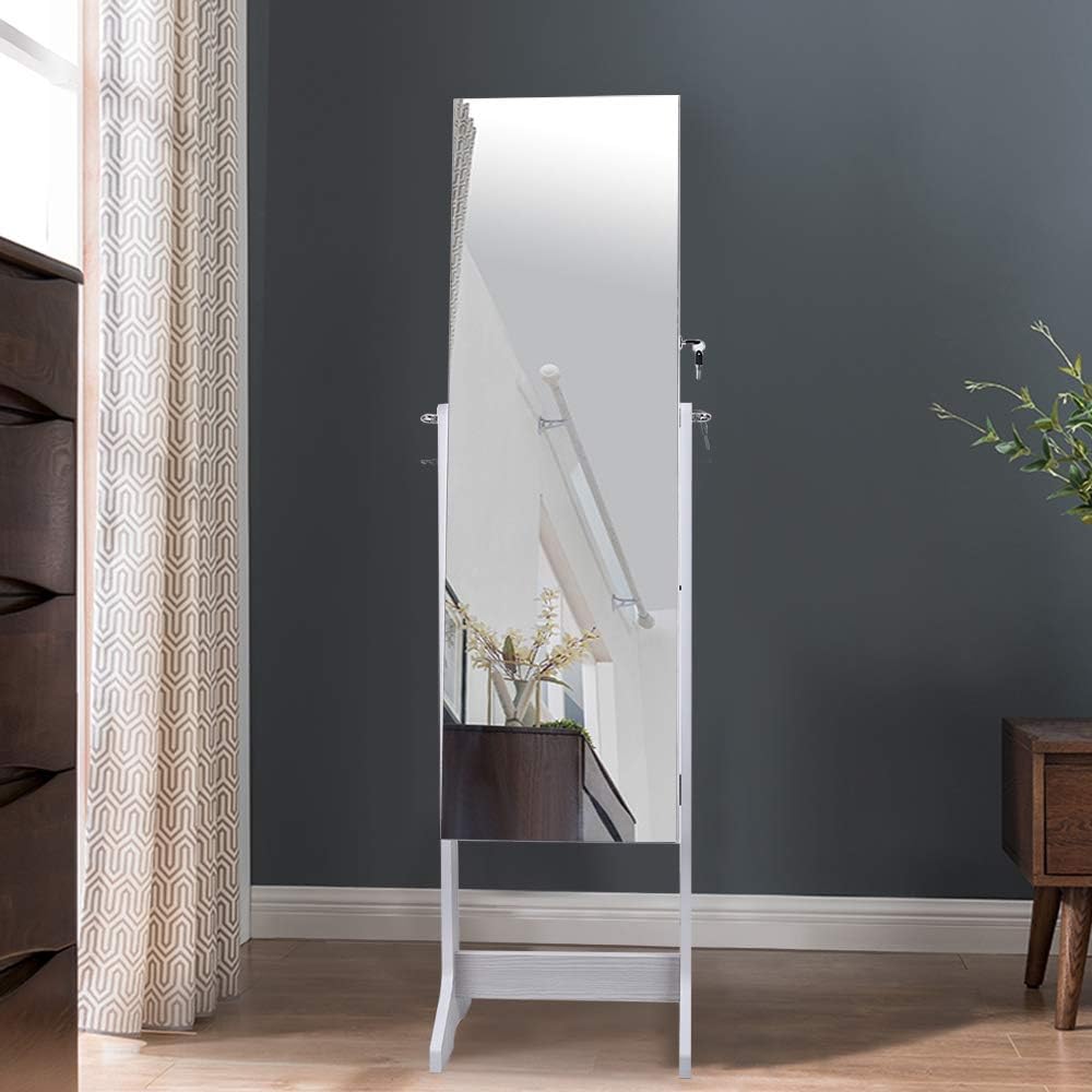 Dlandhome Armoire A Bijoux Avec Miroir Plein Longueur Autoportante Verrouillable A Pied Mural 360 Rotatable Foulard Armoire De Rangement Pour Les Bijoux Rangement Et Organisation Rangement Pour Vetements Et Penderies